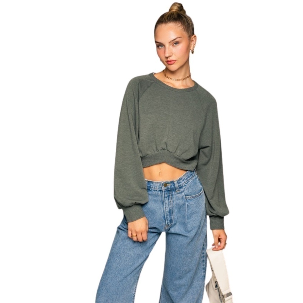 Olive Long Sleeve Cropped Pullover